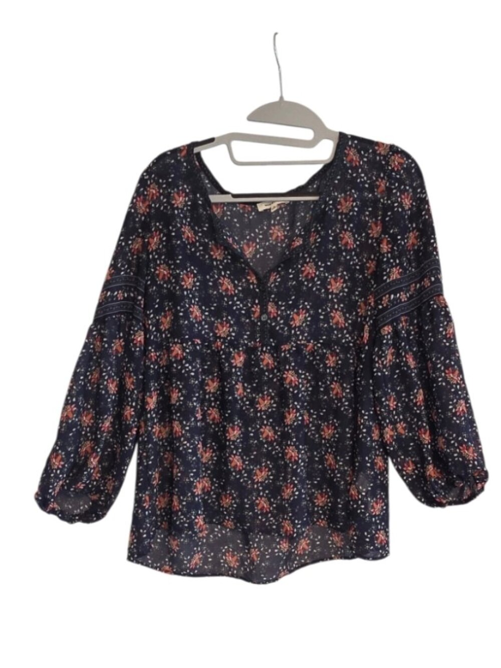 Max Studio Navy Floral Blouse Puff Sleeves Sz S Whimsigoth Cottagecore Shirt Top
